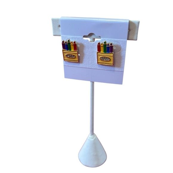 Colorful Gold Tone Crayon Box Post Earrings. - Picture 3 of 6